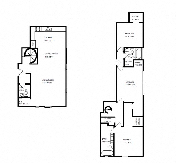 Floor plan for 3 beds, 2.5 baths, 726 sqft